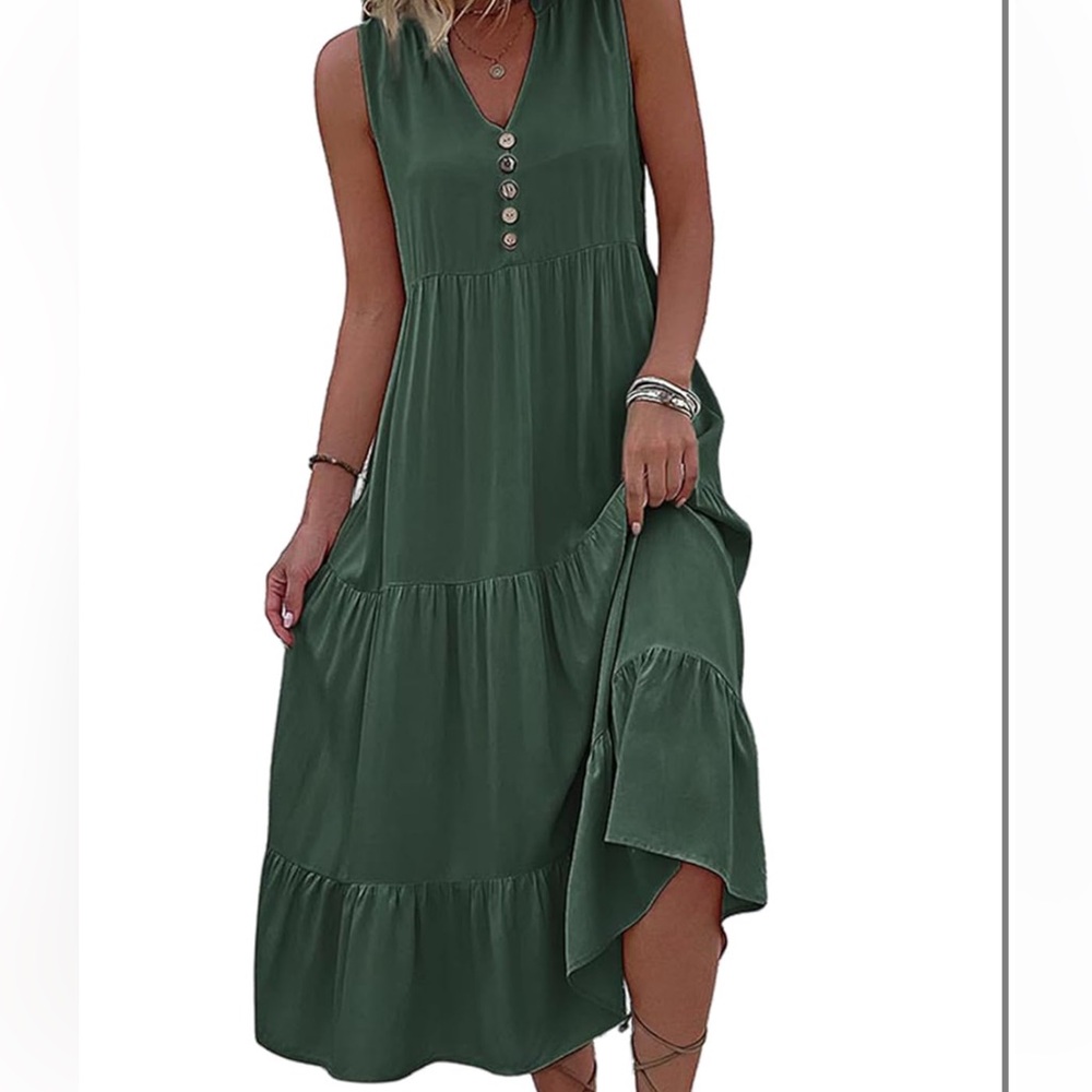 Lightweight Poplin Tiered Hem Solid Swing Boho Midi Dress M Sage Beach Vacation